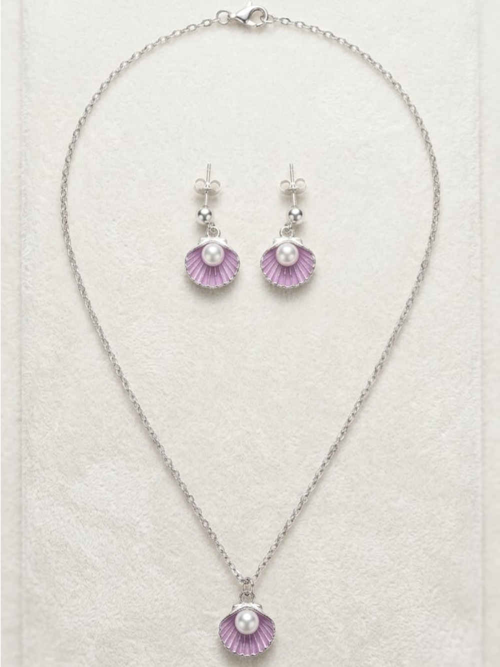 Silver Pearl Shell Pendant Necklace & Earrings Set - Lavender